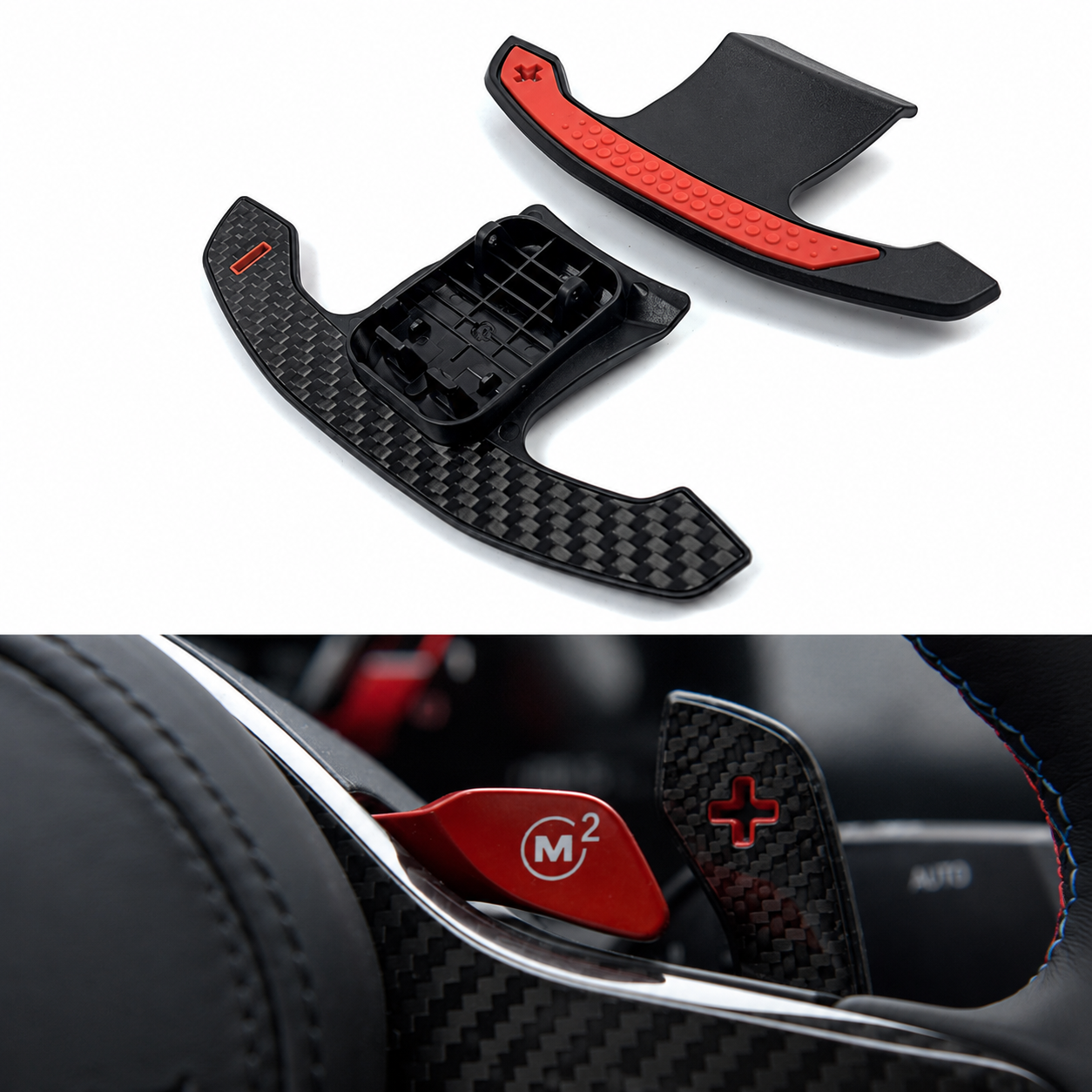 Palettes au Volant en Carbone Brillant, Détails Bleus ou Rouge – Style M (G8X)